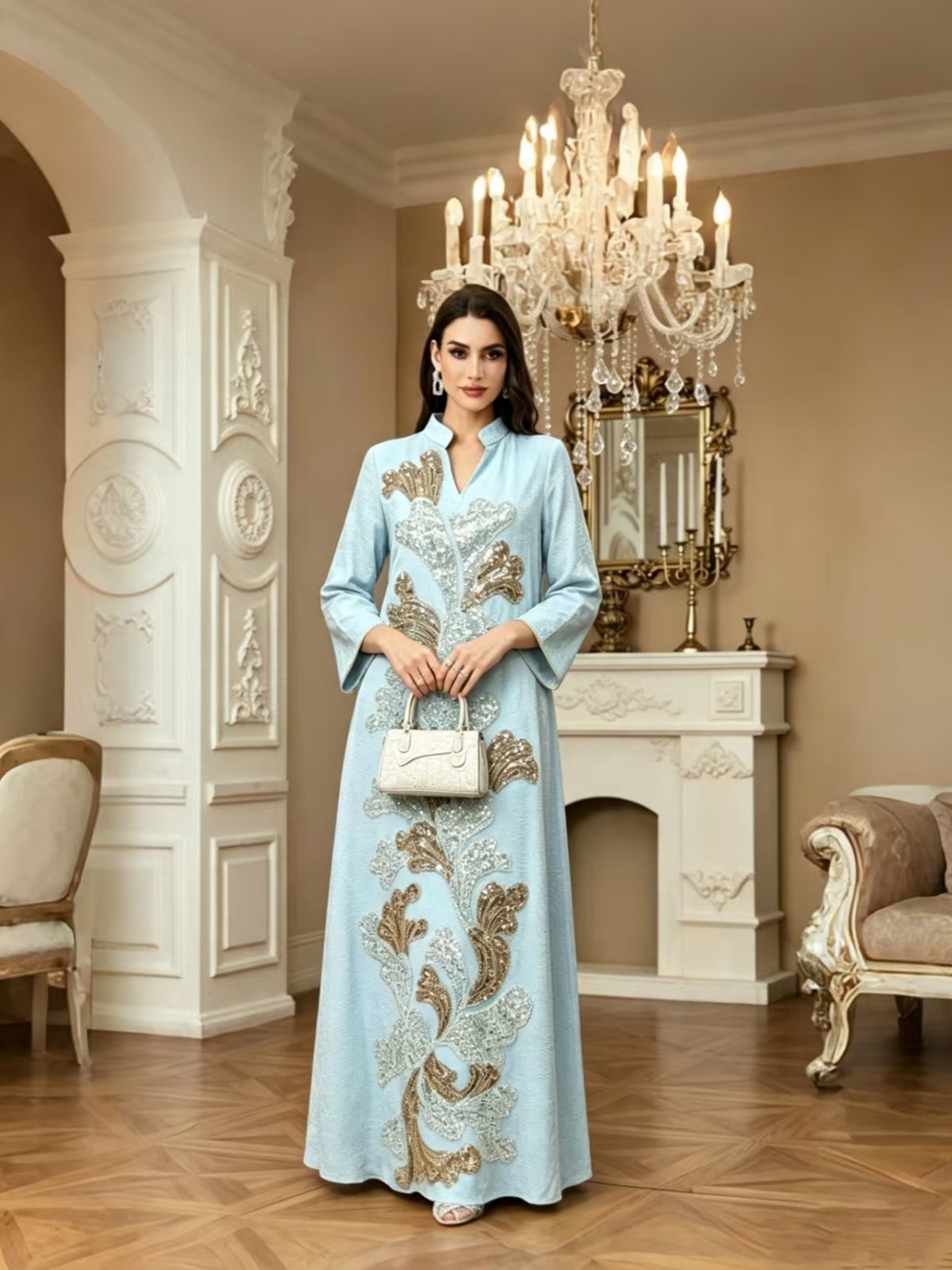 Cross-border new beaded embroidered V-neck robe dress, elegant and elegant banquet dress, long-sleeved, fashionable and loose - Image 2