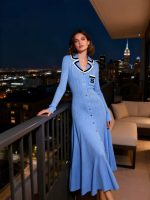 Cross-border European and American pure and sensual sexy knit dress, long-sleeve autumn/winter new slimming slit embroidered long dress - Image 3