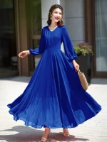 Big red chiffon beach skirt super long dress summer seaside vacation long sleeve big swing super fairy dress elegant - Image 4