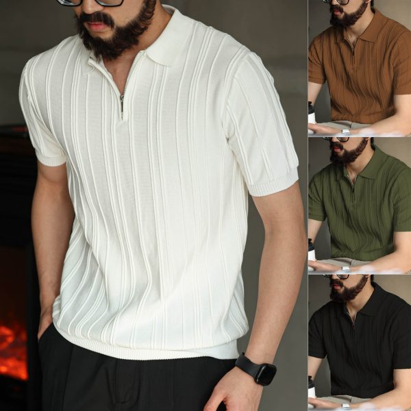 POLO shirt knitted shirt short sleeve men's lapel half zipper striped old money wind ice silk T-shirt summer cross-border factory wholesale