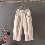 Cotton linen cropped pants women's summer loose plus size linen elastic waist small foot harem pants versatile slacks 8207 - Image 5