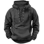 Solid Color Cross-border Plus Size Men's Outdoor Vintage Lace-up Hooded Long Sleeve T-Shirt Autumn Casual Top In Stock - Image 5