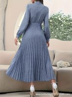 Women's long-sleeved pleated dress with full polka dot print tie collar (no belt) new cross-border - Image 2