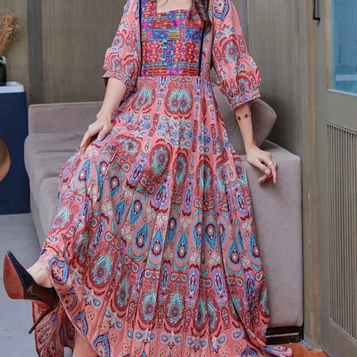 Bohemian ethnic style travel photography big swing embroidery dress women's long skirt wholesale - Image 2