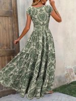 In stock 2026 Independent Site Bestselling New Printed V-Neck Waist-Cinching Long Dress European and American Cross-border Amazon Dress - Image 3