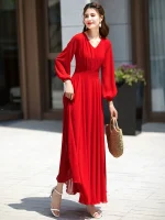 Big red chiffon beach skirt super long dress summer seaside vacation long sleeve big swing super fairy dress elegant - Image 2