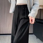 Rhinestone palace-style knit wide-leg pants for women, 2025 autumn/winter new elegant high-waist casual straight-leg floor-length pants - Image 2