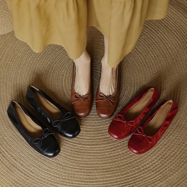 X In Stock Sheepskin Edition ~ 2025 Spring New French Bow Gentle Style Ballet One-Foot Women's Singles Shoes