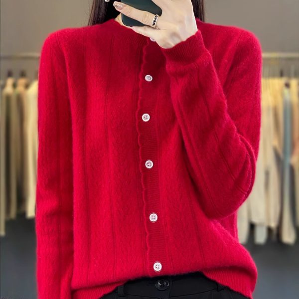 100% pure wool wheat ear cardigan for women, new autumn/winter loose outerwear knit top, lazy top