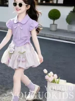 Girls' summer set 2026 new style for young and medium-sized girls, sweet and stylish fly-sleeve top, flower bud pants two-piece set - Image 5