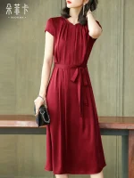 Heavy slimming red lace-up silk dress women's mid-length 2026 summer new mulberry silk skirt - Image 3