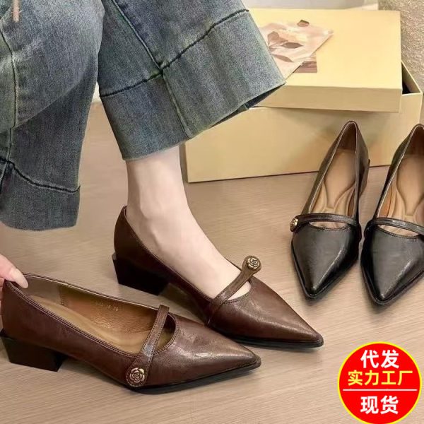 Versatile fashion retro pumps women's camellia buckle thick heel single shoes pointed toe temperament Mary Jane shoes