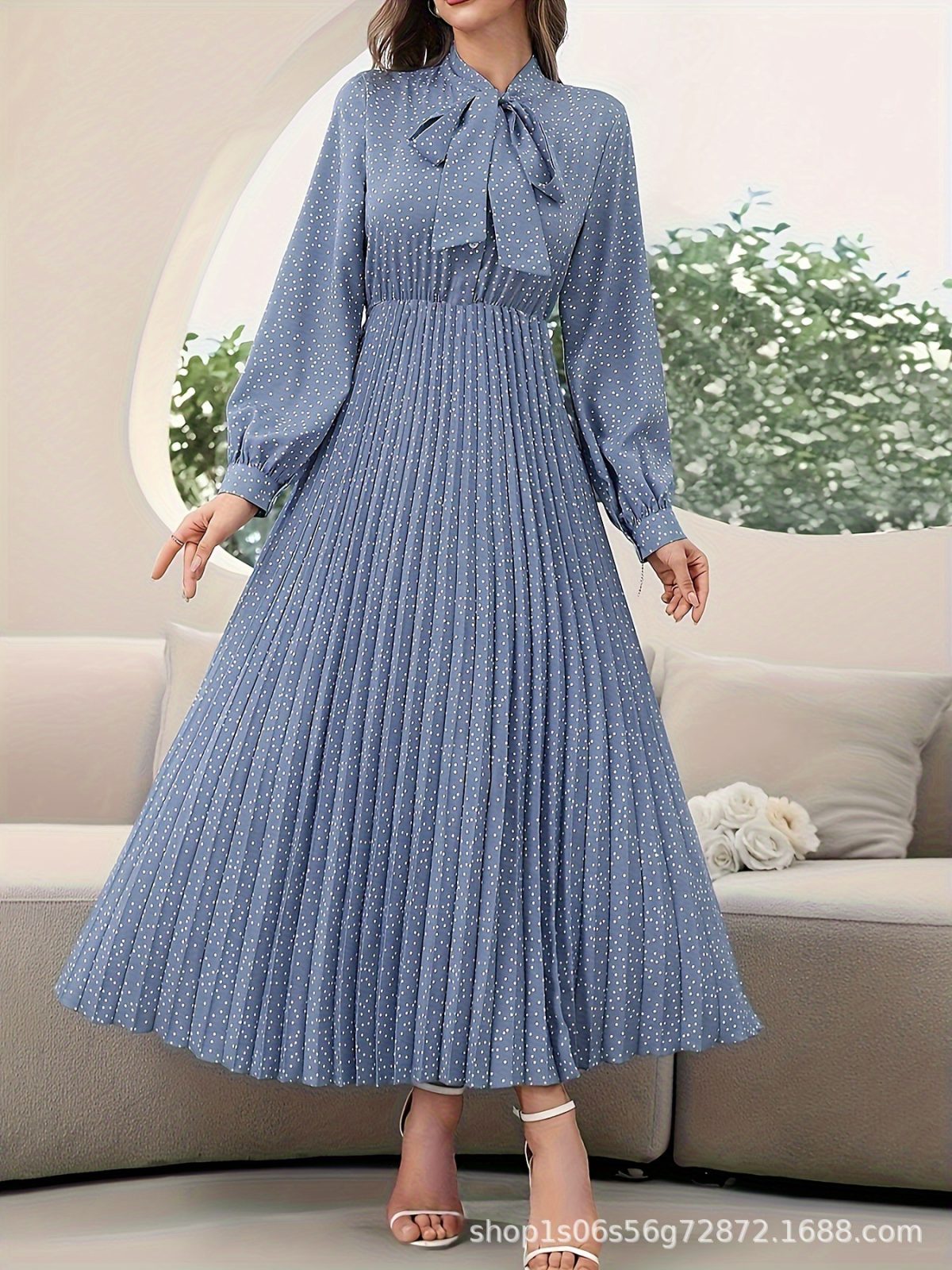 Women's long-sleeved pleated dress with full polka dot print tie collar (no belt) new cross-border - Image 3