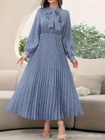Women's long-sleeved pleated dress with full polka dot print tie collar (no belt) new cross-border - Image 3
