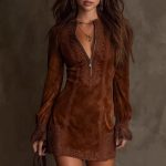 2025 European and American Clothing Amazon Independent Station Zipper Lace Stitching V-Neck Long Sleeve Loose Embroidery Dress - Image 5