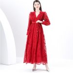 French high-end women's dress 2025 spring waist cinching heavy industry embroidered V-neck balloon sleeve single-breasted long skirt - Image 3