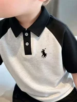 Pure cotton polo shirt for young and middle children, casual versatile boys' lapel top, summer boys' printed casual short-sleeve T-shirt - Image 3
