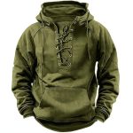 Solid Color Cross-border Plus Size Men's Outdoor Vintage Lace-up Hooded Long Sleeve T-Shirt Autumn Casual Top In Stock - Image 2