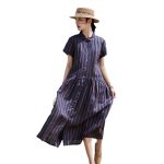 26 Spring/Summer new yarn-dyed all-linen relaxed comfortable breathable striped A-line loose mid-length women's dress - Image 4