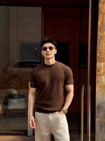Old money style crew neck knitted short-sleeved T-shirt men's casual 2026 summer breathable and comfortable solid color striped base shirt trend - Image 2