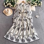 French vintage heavy industry embroidery stand-up collar lantern sleeve dress women's autumn and winter metal buckle waist slimming over the knee long skirt - Image 2