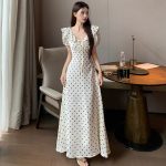 French gentle first love skirt retro polka dot dress women's summer waist cinched thin sweet temperament ruffled long skirt