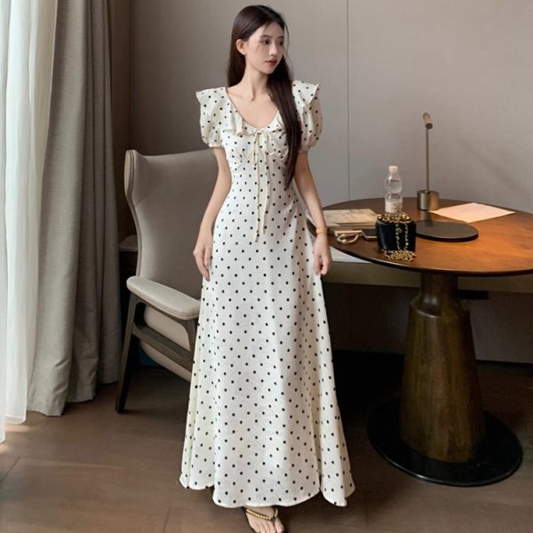 French gentle first love skirt retro polka dot dress women's summer waist cinched thin sweet temperament ruffled long skirt