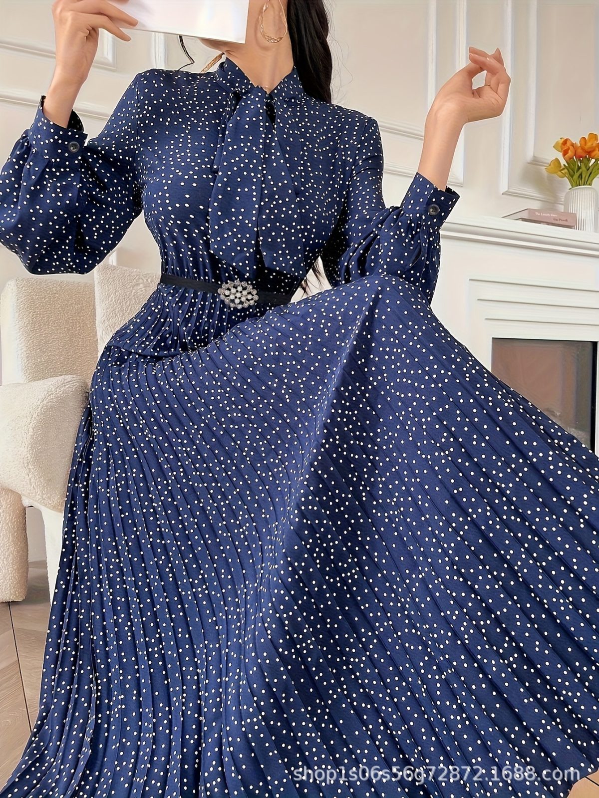 Women's long-sleeved pleated dress with full polka dot print tie collar (no belt) new cross-border - Image 5