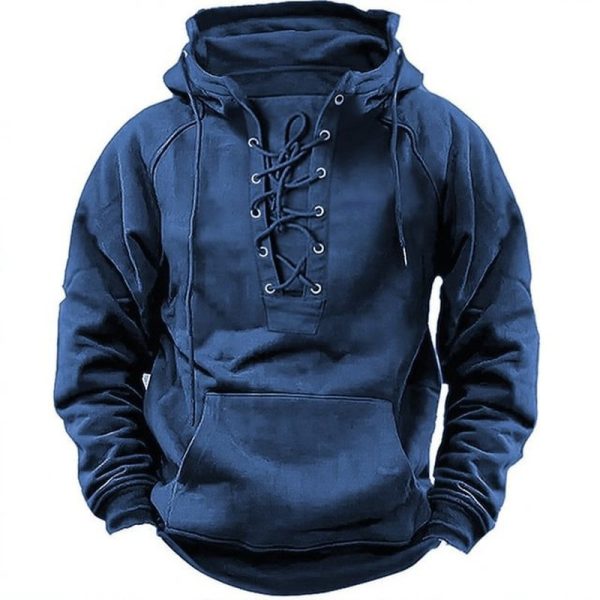 Solid Color Cross-border Plus Size Men's Outdoor Vintage Lace-up Hooded Long Sleeve T-Shirt Autumn Casual Top In Stock