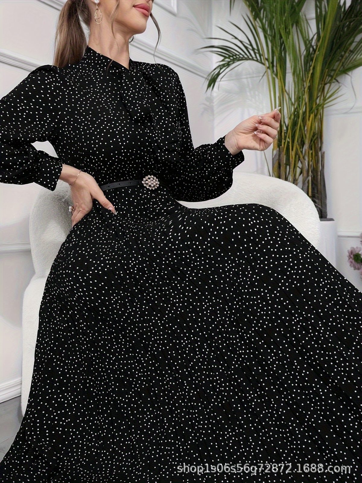 Women's long-sleeved pleated dress with full polka dot print tie collar (no belt) new cross-border - Image 4