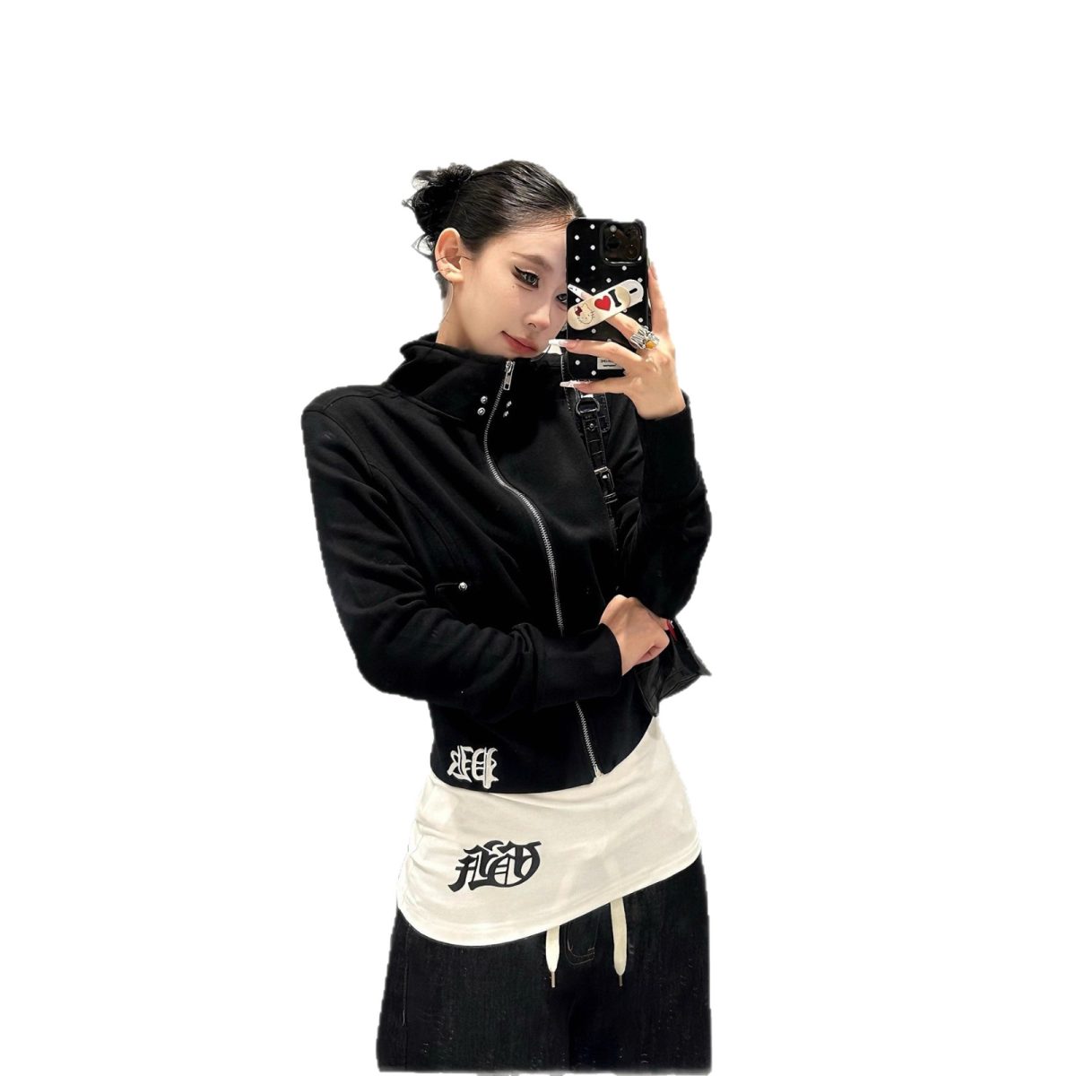 American vintage spicy girl stand-collar cropped jacket top, autumn/winter slimming versatile zipper studded top - Image 5