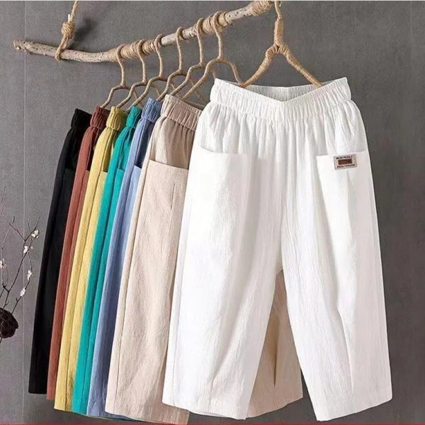 Cotton linen cropped pants women's summer loose plus size linen elastic waist small foot harem pants versatile slacks 8207