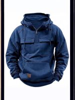 Cross-border autumn and winter new men's hooded solid color sweatshirt European and American youth sports multi-pocket patch sweatshirt jacket