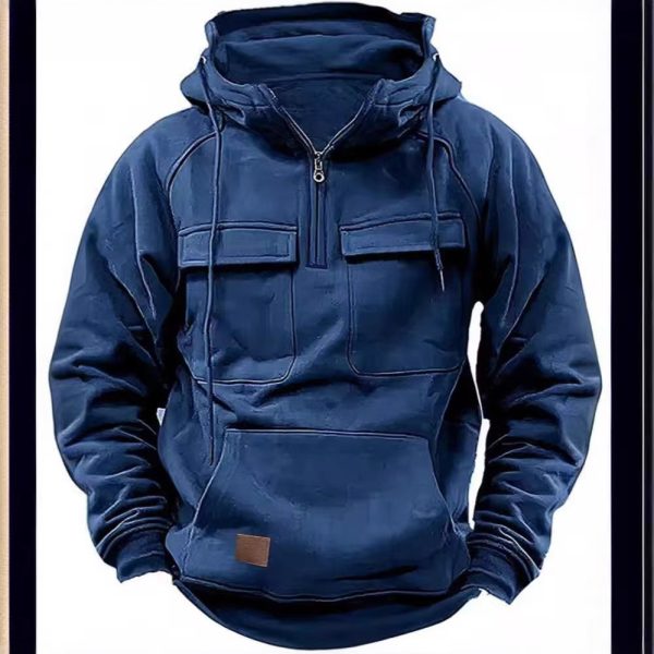 Cross-border autumn and winter new men's hooded solid color sweatshirt European and American youth sports multi-pocket patch sweatshirt jacket