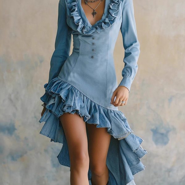 Amazon Cross-border O-Ma Women's Vintage Western Country Ruffle Disposable Denim Dress