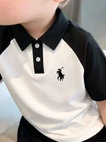 Pure cotton polo shirt for young and middle children, casual versatile boys' lapel top, summer boys' printed casual short-sleeve T-shirt - Image 4
