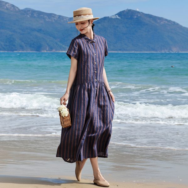26 Spring/Summer new yarn-dyed all-linen relaxed comfortable breathable striped A-line loose mid-length women's dress