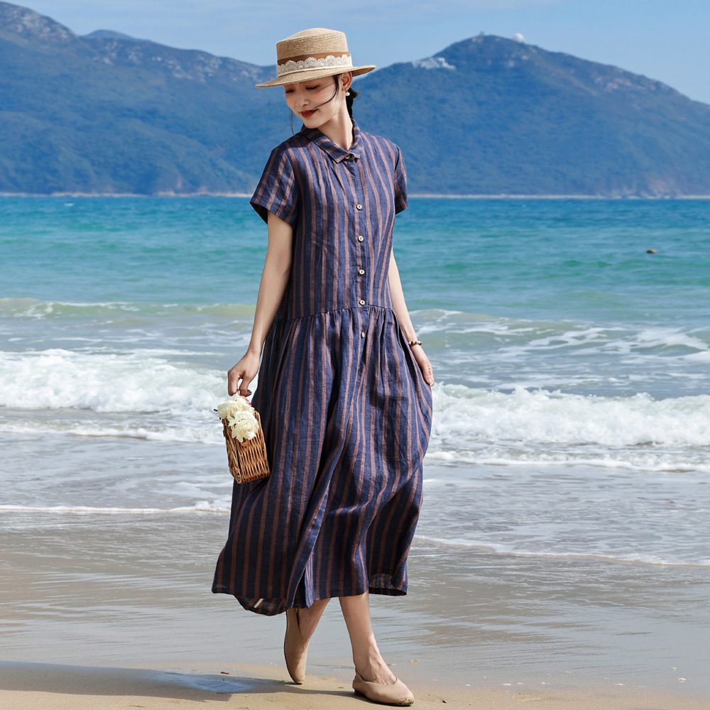 O1CN01mdkZtc22KJaaYXKia_3392817101-0-cib.jpg 26 Spring/Summer new yarn-dyed all-linen relaxed comfortable breathable striped A-line loose mid-length women's dress - Image 1