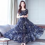 2025 summer new middle-aged ice silk long dress with wide hem, elegant slimming floral long dress for women