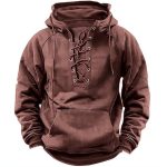 Solid Color Cross-border Plus Size Men's Outdoor Vintage Lace-up Hooded Long Sleeve T-Shirt Autumn Casual Top In Stock - Image 3