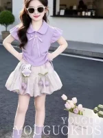 Girls' summer set 2026 new style for young and medium-sized girls, sweet and stylish fly-sleeve top, flower bud pants two-piece set - Image 3