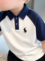 Pure cotton polo shirt for young and middle children, casual versatile boys' lapel top, summer boys' printed casual short-sleeve T-shirt