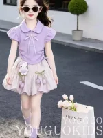 Girls' summer set 2026 new style for young and medium-sized girls, sweet and stylish fly-sleeve top, flower bud pants two-piece set - Image 4