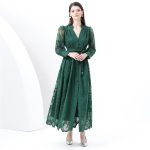 French high-end women's dress 2025 spring waist cinching heavy industry embroidered V-neck balloon sleeve single-breasted long skirt - Image 4
