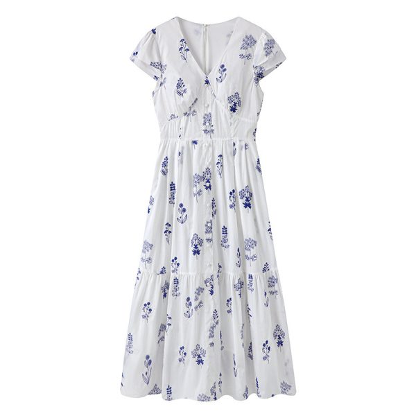 Cotton dress 2025 summer new women's waist-cinching small fly-sleeve embroidered dress 90125151611