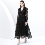 French high-end women's dress 2025 spring waist cinching heavy industry embroidered V-neck balloon sleeve single-breasted long skirt - Image 5