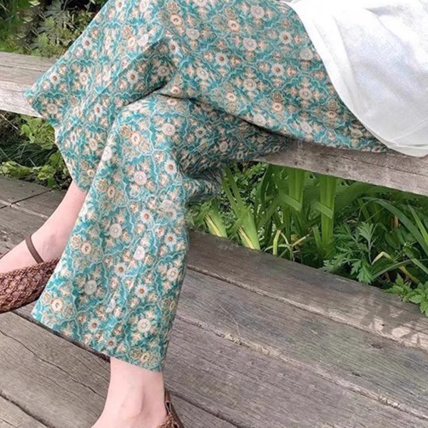 Summer cotton silk pants for outerwear, home pajama pants, nine-point vintage wide-leg straight-leg loose, cool long pants for women