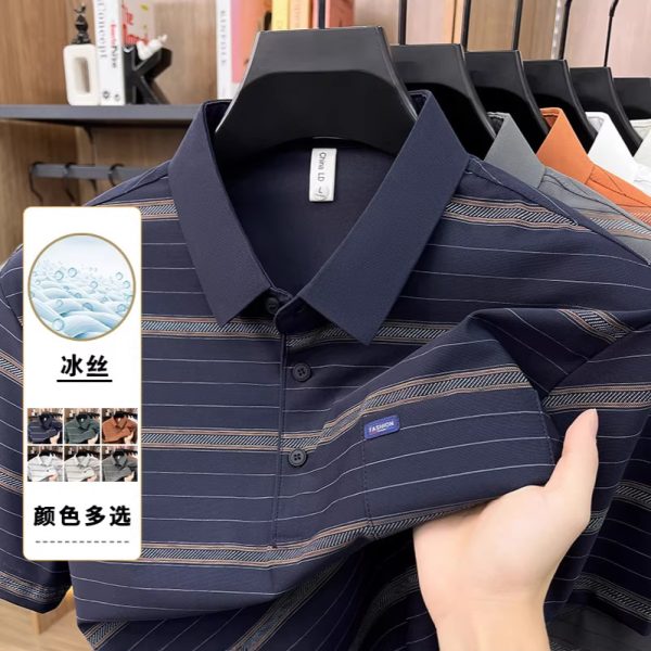 Jin Aman Ice Silk Cooling Collar Short-Sleeve Men's T-Shirt, 2026 Summer Striped Middle-aged Breathable Casual Dad Polo Shirt
