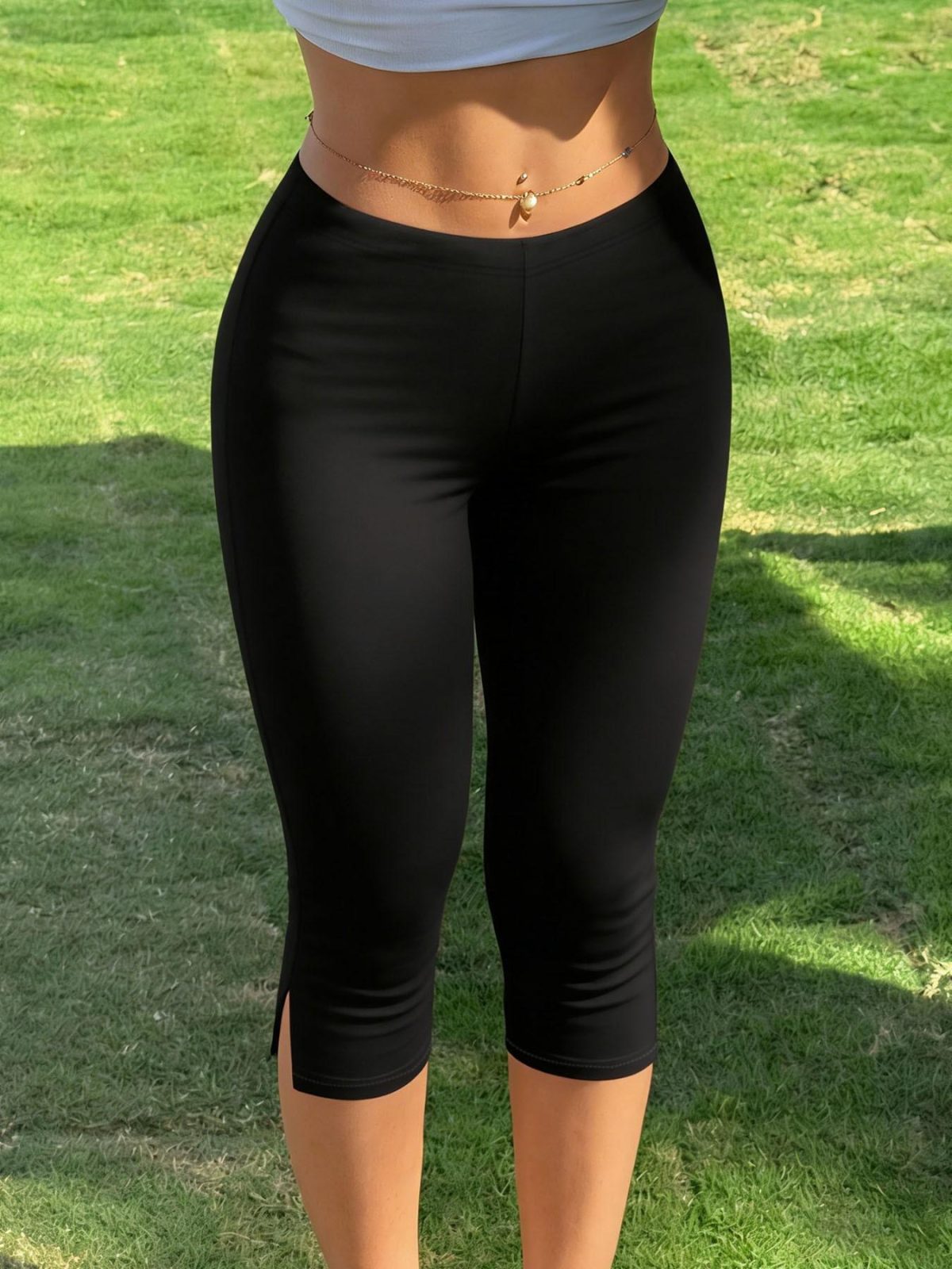 Women's Y2K Streetstyle Black Slim Cropped Pants with Side Slit Sweatpants for Fitness - Image 1