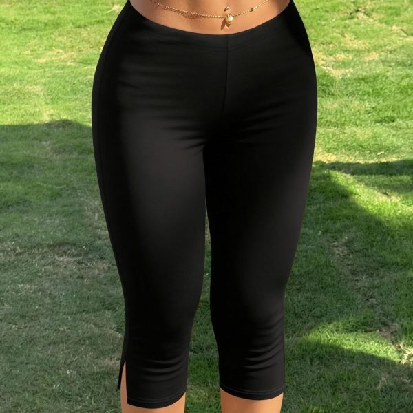 Women's Y2K Streetstyle Black Slim Cropped Pants with Side Slit Sweatpants for Fitness